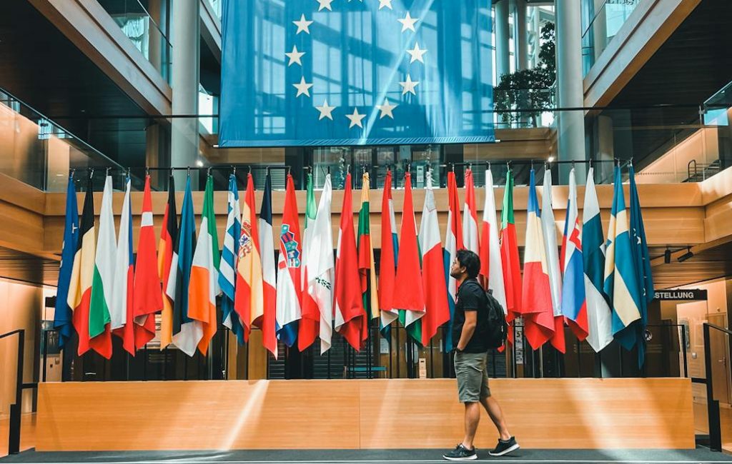 flags in european parliament building in strasbourg france